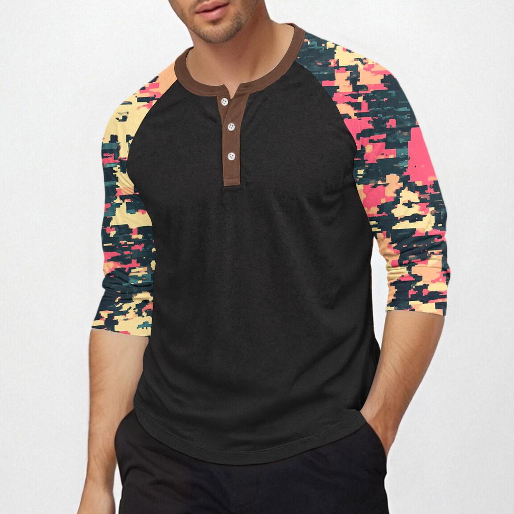 Men's Top with Three-quarter Sleeves and Camouflage Print