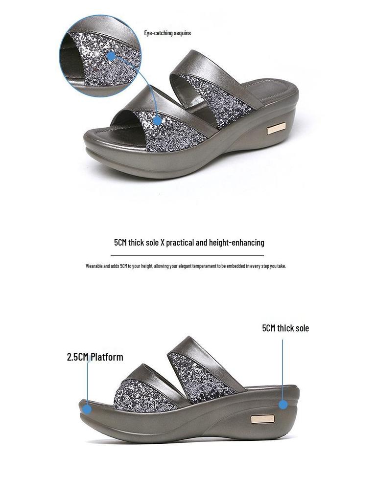 Women's 2023 Summer Fashion Peep-Toe Sequin Wedge Slippers - Thick-Soled Platform, Easy-to-Match Outdoor Style.