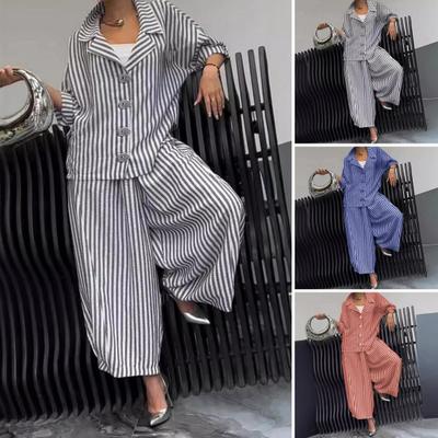 Γυναικείο κοστούμι μακρυμάνικο πουκάμισο πάνω φαρδύ παντελόνι χαρέμι ​​2 τεμαχίων σετ φθινοπωρινό πέτο ριγέ παντελόνι εννέα πόντους γυναικείο κοστούμι