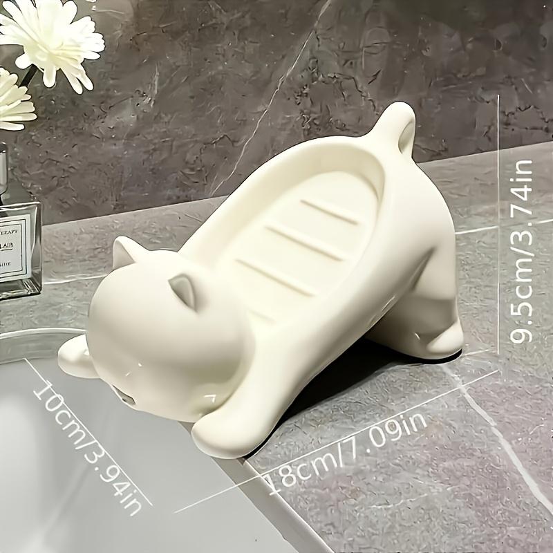 Adorable Cartoon Cat Soap Dish Holder - Glossy White & Pink Plastic Bathroom Storage for Soap & Sponge, Cute Decorative Drainage Design