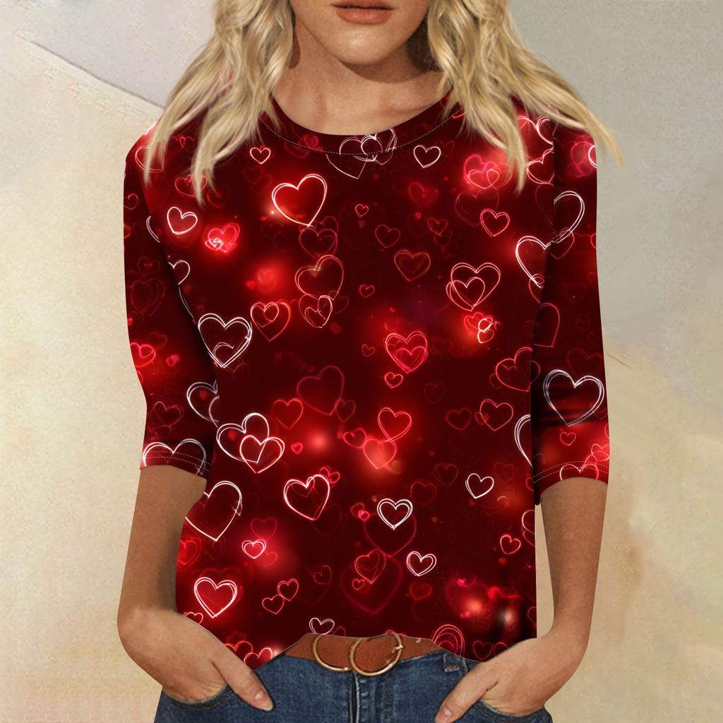 Women's Fashionable Casual Three-quarter Sleeve Valentine's Day Print Round Neck Pullover Top