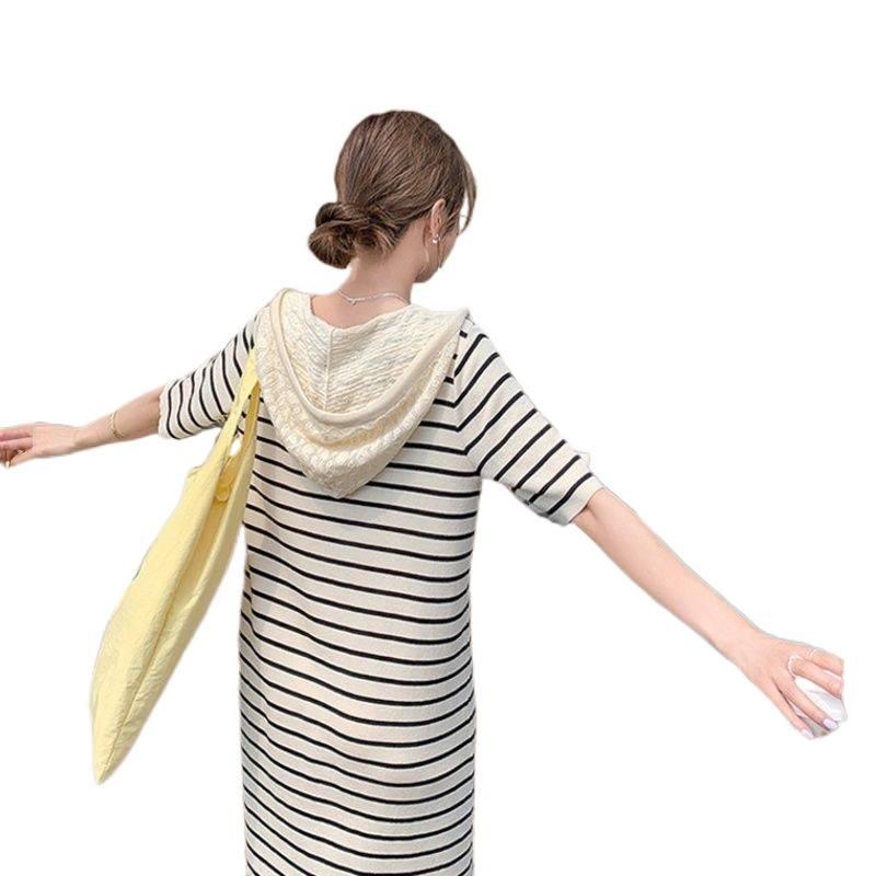 Korean Casual Striped Knit Hoodie Dress for Women, Summer College Style