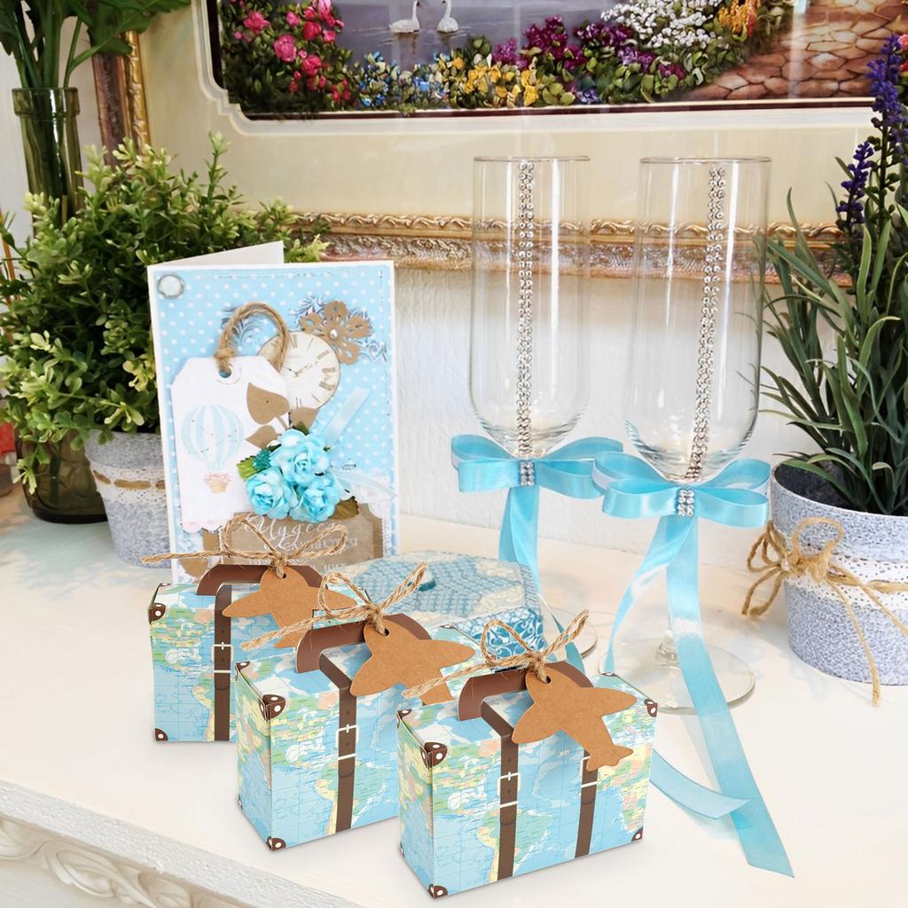 50/100Pc Vintage Party Favor Candy Box with Aircraft Tags Reusable Mini Suitcase Favor Box for Travel Themed Party Bridal Shower