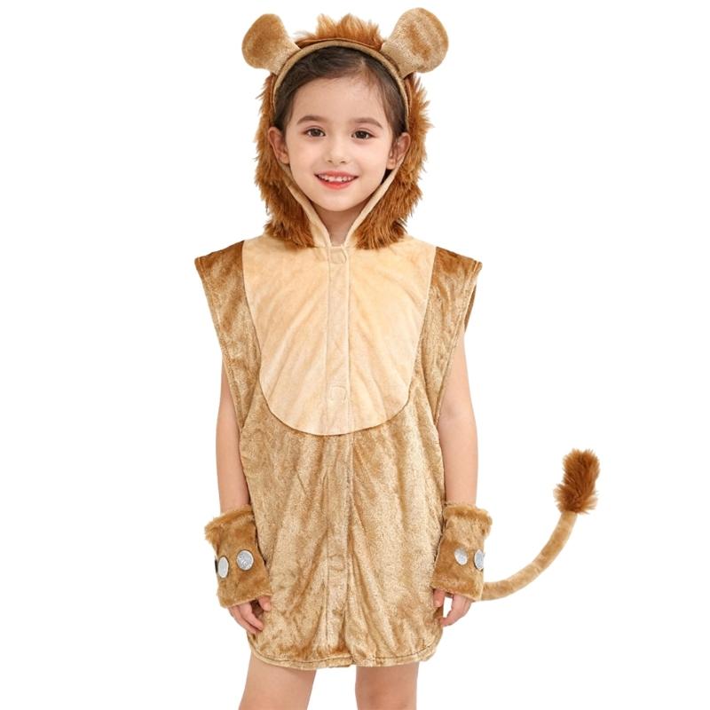 

Lions Costume Accessories Set Lions Ears Headband Tail Hooded Jumupsuit Animal Fancy Costume for Halloween Cosplay 1 коричневый