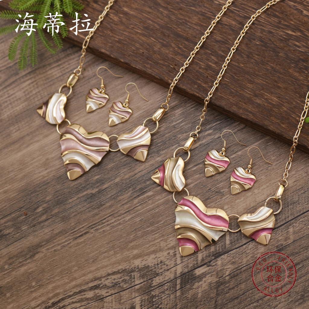 New enamel corrugated love earrings necklace set, women's high-end versatile heart necklace