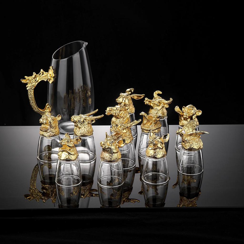 Chinese Zodiac Retro Wine Glass Set In Leather Case - Small White Glasses Gift Set