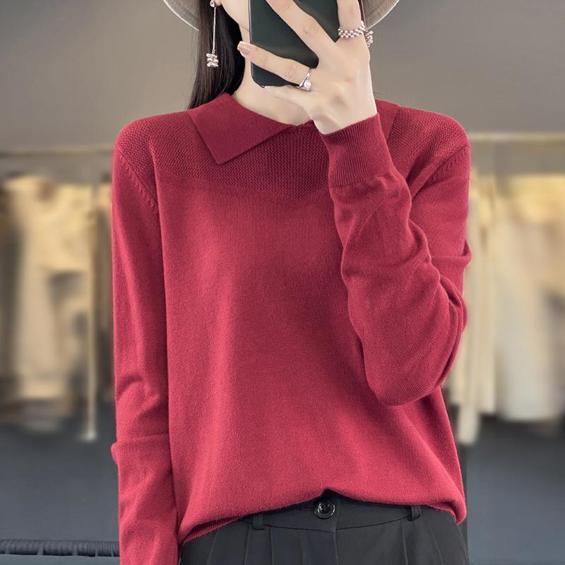 GMXIA Autumn and Winter Knitted Sweater, Women's POLO Neck Solid Color Long-sleeved Sweater, Loose Solid Color Knitted Base Layer
