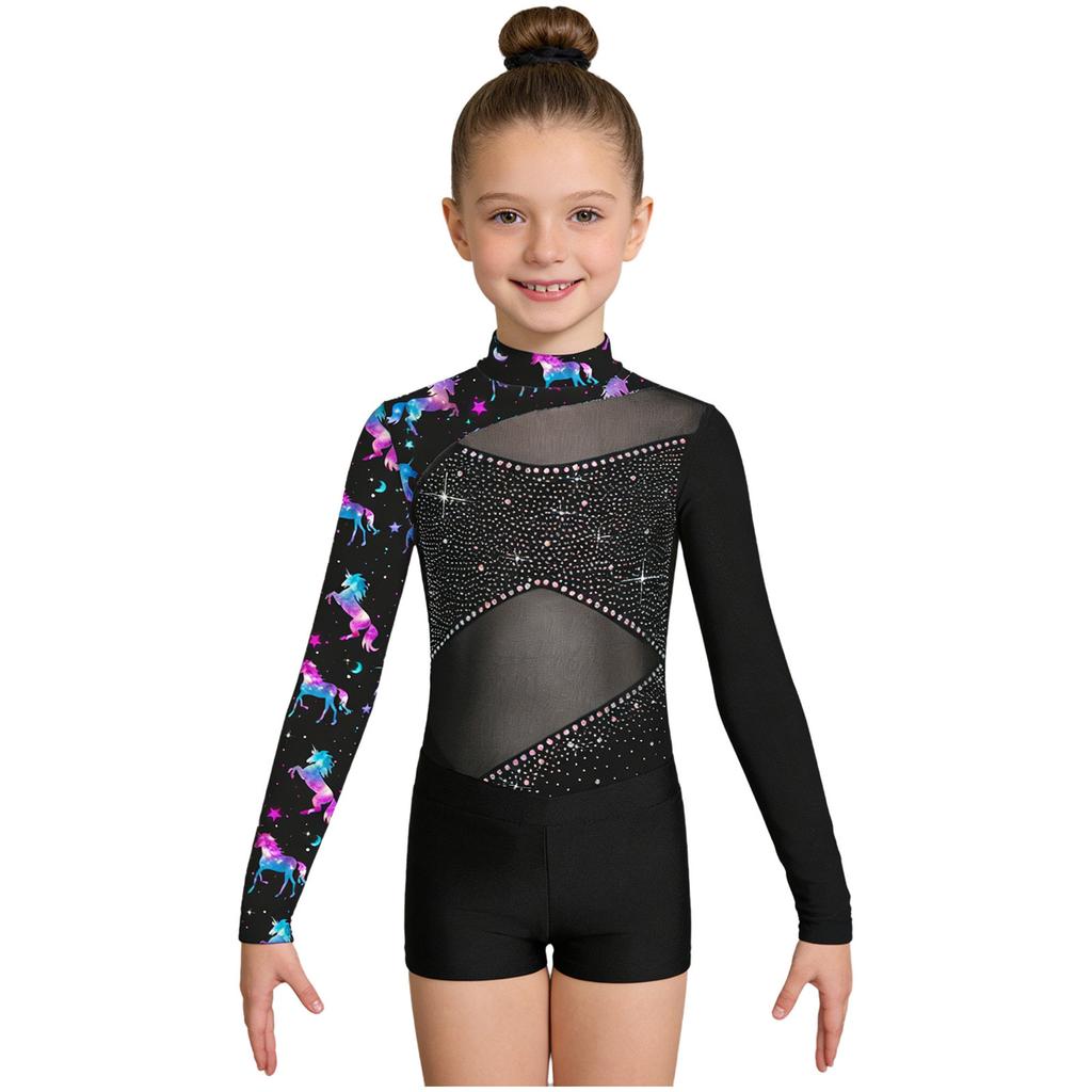 Ensemble Maillot de Gymnastique Danse Fille Manches Longues Impression Papillon Strass Fermeture Éclair Dorsale Body Short Bandeau pour Cheveux