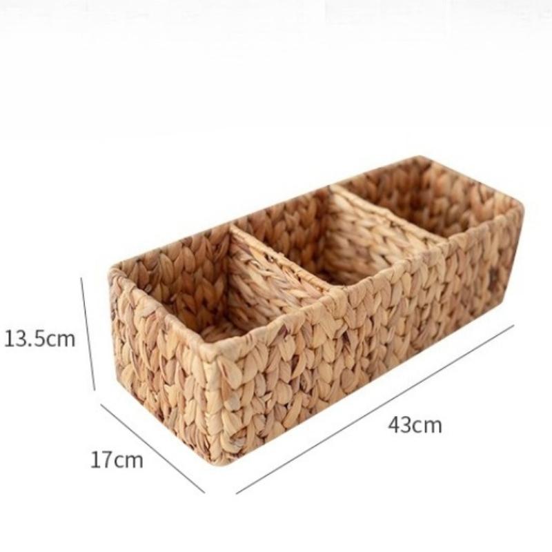 Multi Functional Straw Woven Storage Basket Kitchen Livingroom Organizing Storage Basket Desktop Decoration 3 Grids Woven Basket