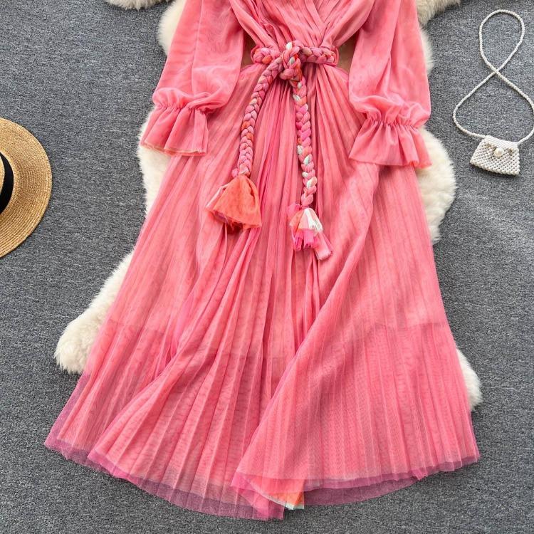 Fashion Bohe Women Mesh Party Long Dress V Neck Long Sleeves Gradient Lace Up A Line Sundress Pleated Maxi Dress