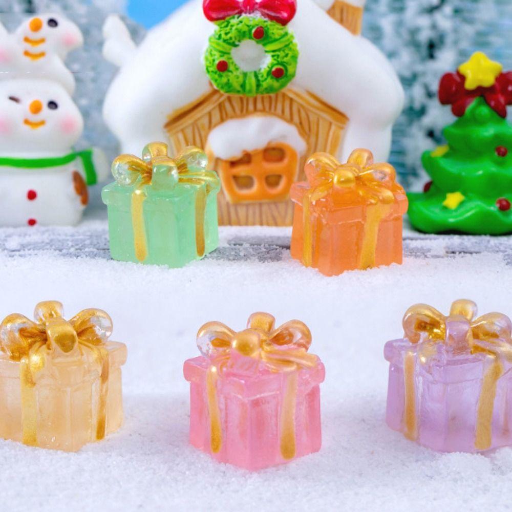 6 PIÈCES Micro Paysage Noël Boîte Cadeau Lumineuse Bricolage Mini Figurines Lumineuses de Noël Résine Dessin Animé