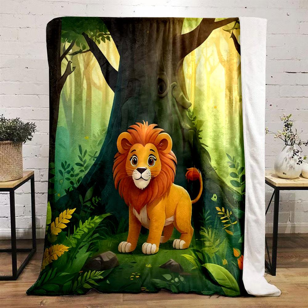 Cartoon Lion in Enchanted Forest print blanket soft and cozy perfect for the living room bed sofa or a nap,gift