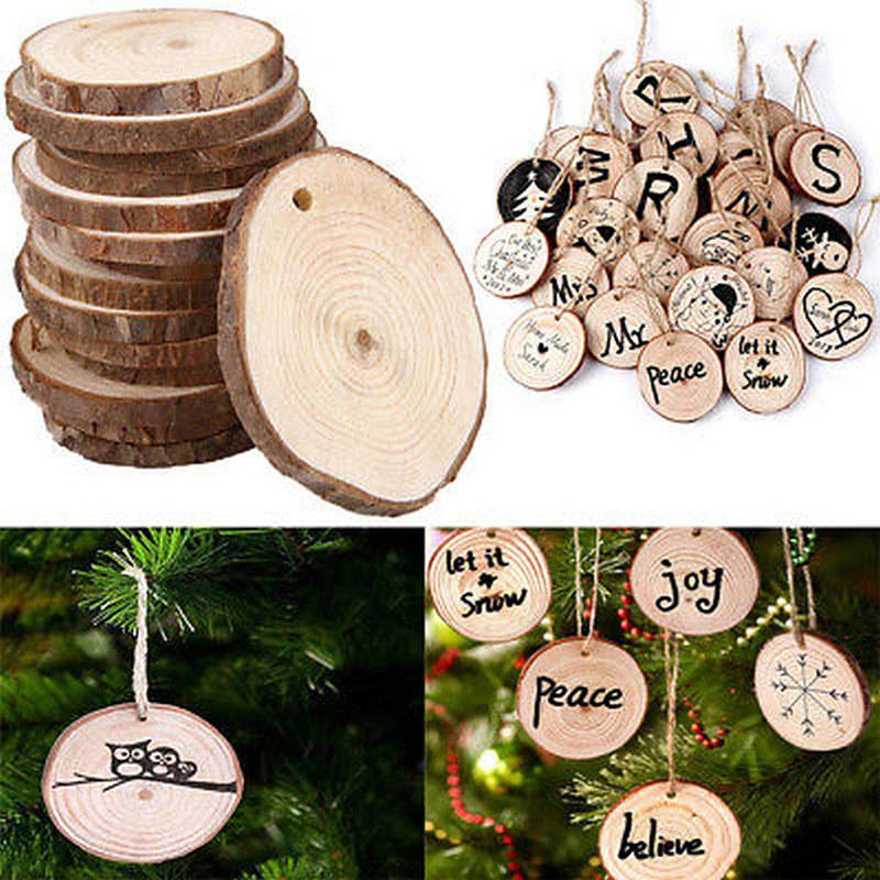 10 X Natural Wood Slice Christmas Tree Ornament Hanging Decor Diy Craft Gift Tag