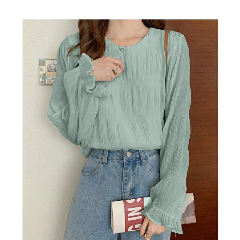 Camicia in Chiffon con Maniche Svasate Plissettate Blusa Donna Girocollo Tinta Unita Ampia Versatile Camicia a Maniche Lunghe Top