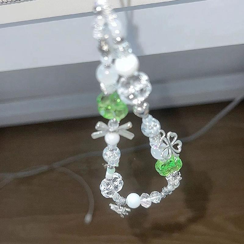 Lucky Four Leaf Clover Phone Lanyard Y2K Sweet Fresh Beaded Phone Chain Keychain Wristband Cellphone Strap For Girl Gifts