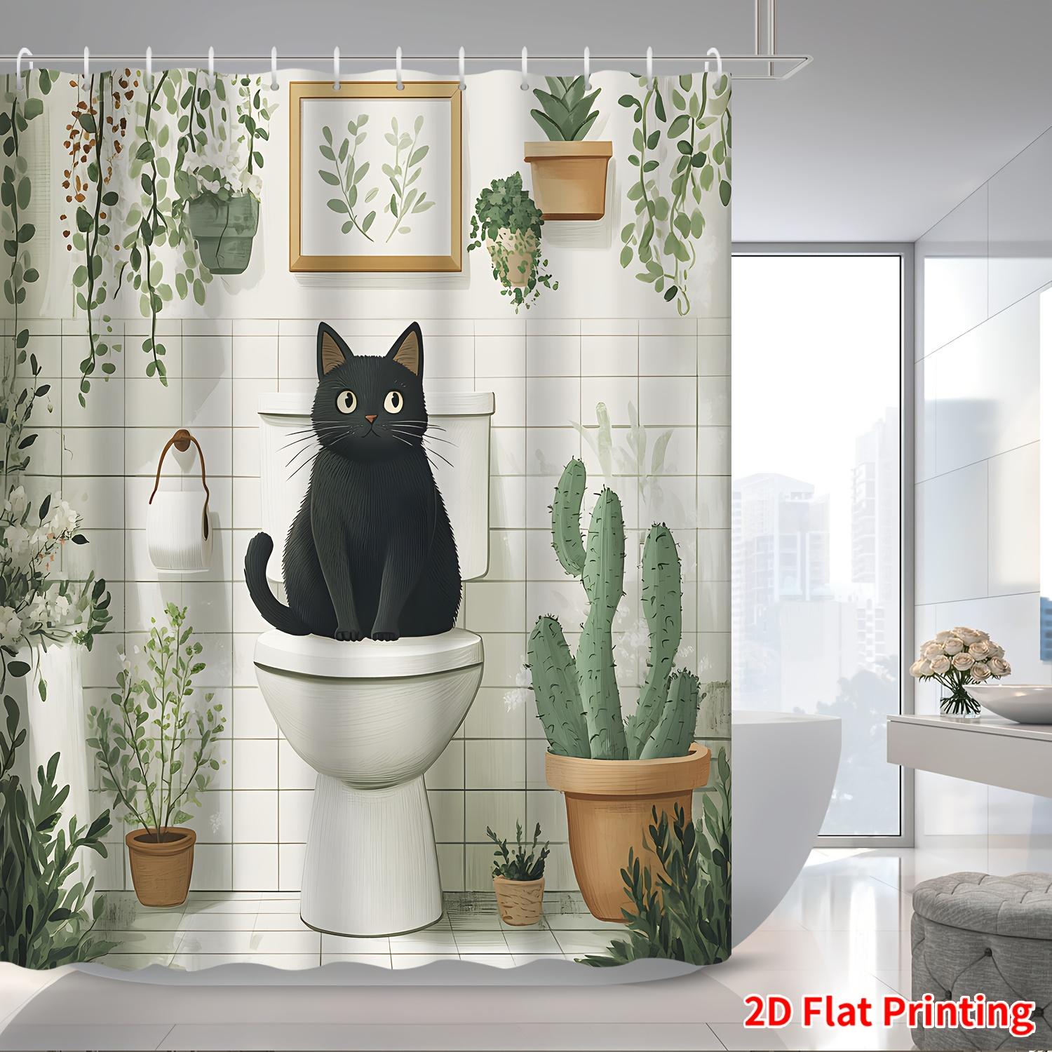 

Black Cat On Toilet Shower Curtain Waterproof Easy To Clean Privacy Protection Print Cute Pet Art Design Green Plant Quick Setup W60H190(CM)-1 Pcs