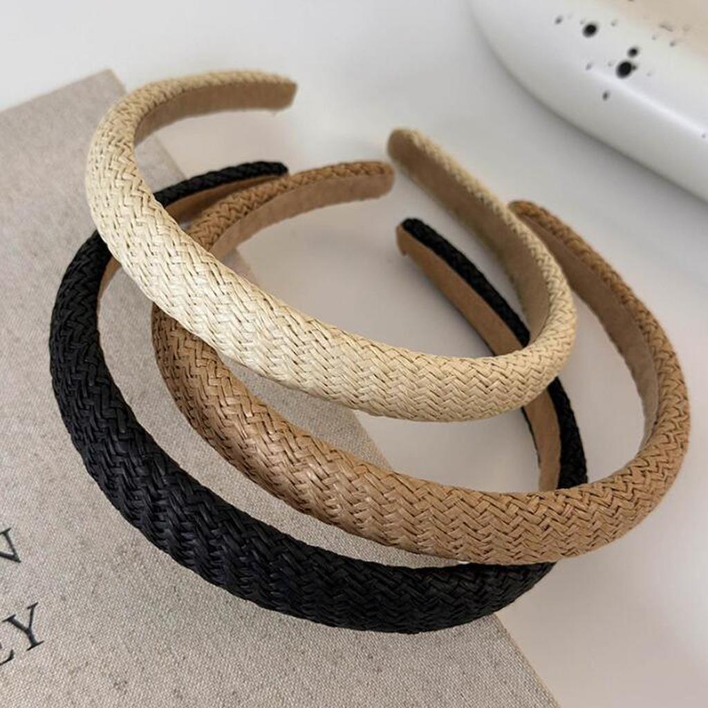 PROLY New Fashion Hairband For Women Narrow Side Headband Solid Color Handmade Straw Weaving Turban Casual Summer Headwear