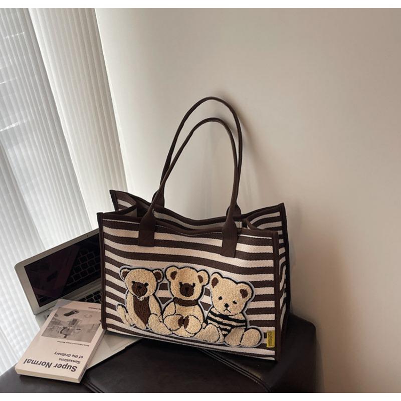 Striped canvas bag women's large-capacity new autumn and winter versatile cartoon shoulder bag college student tote bag