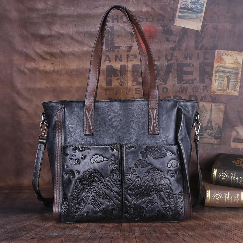 Retro Genuine Leather Female Bag Large Capacity Casual Tote Handmade Embossed Women Handbag Shoulder Bags