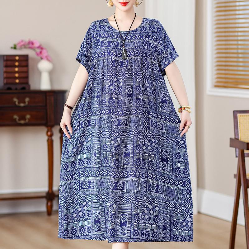Plus Size Loose Vintage Print Langes Kleid für Damen Lässige Kurzarm-Sommer-Damenkleider