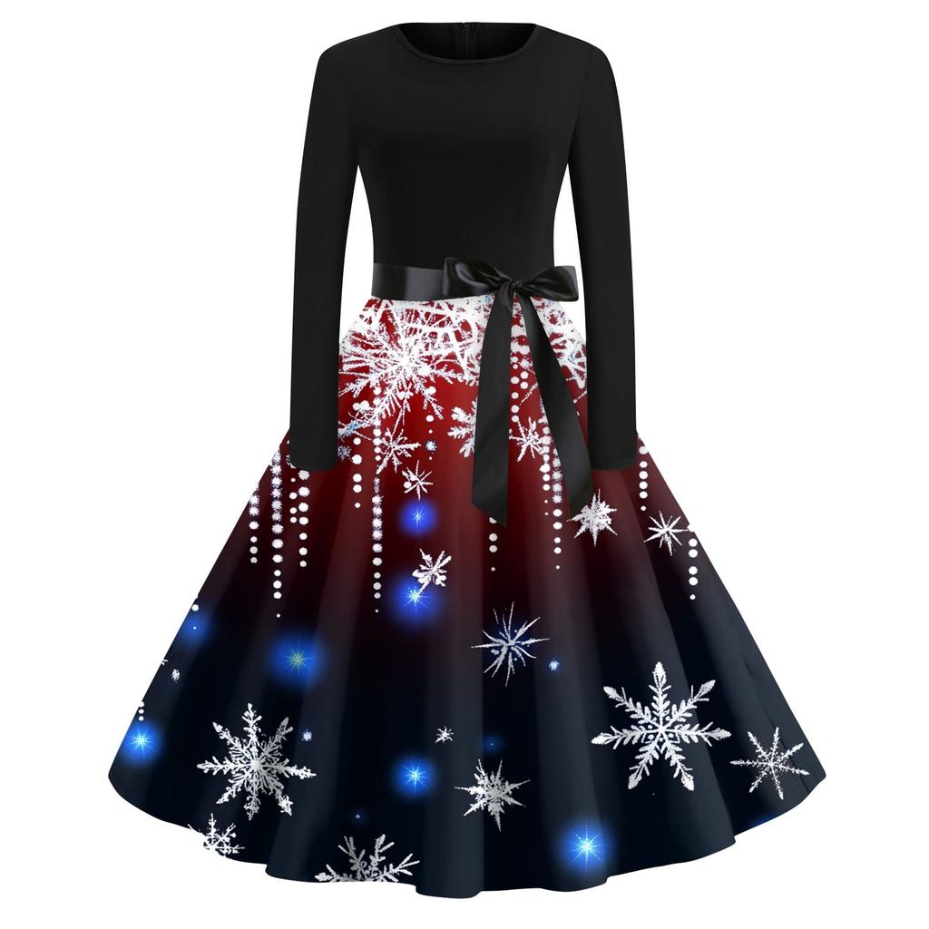 Damenmode Rundhalsausschnitt Lässig Schlank Weihnachten Bedruckte Langarmkleider