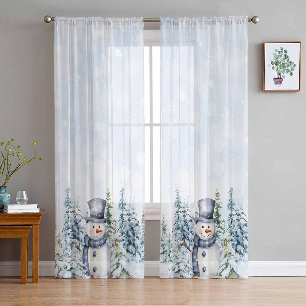 Christmas Christmas Tree Snowman Snowflakes Tulle Curtains For Living Room Sheer Curtain For Bedroom Blinds Voile Curtains