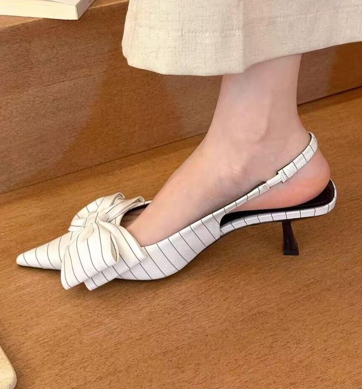 Fashion high heels women's striped design bow black temperament pointed stiletto sexy dress white bag sandals summer large size