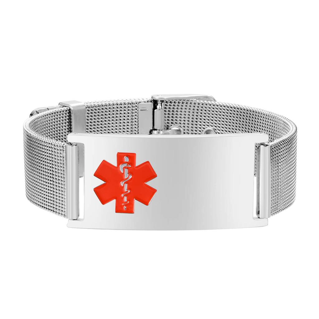 Free Personalized Medical Alert ID Bracelets for Men, Waterproof 10mm/16mm Wide Stainless Steel Mesh Band Wristband ICE Jewelry