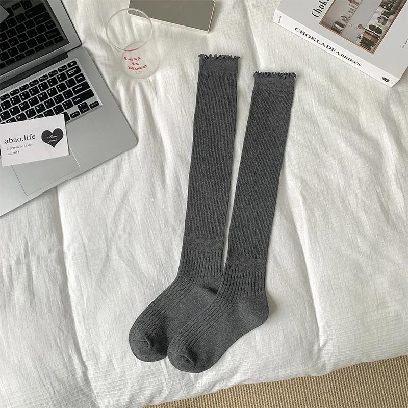 Jk Japanese Style Girls Knee Socks Solid Color Black White Gray Long Socks Stockings Lolita Kawaii Ruffle Socks Women Stockings
