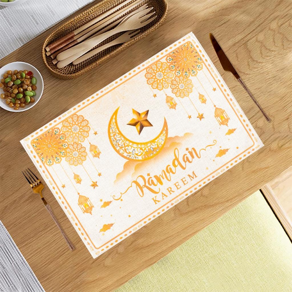 1/4 Stück Eid Ramadan Leinen Platzset Tischdekoration 2026 Muslimische Islamische Partyzubehör Eid Mubarak Heimdekoration Eid Geschenke