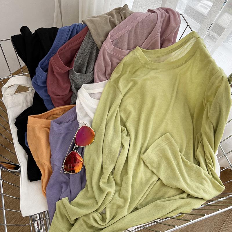 Women's Lightweight Breathable Long-Sleeve Sunscreen T-Shirt - Thin, Loose, Solid Color, Round Neck, Casual Bottoming Blouse with Mask