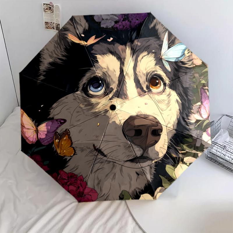 Husky pattern, automatic folding umbrella, portable and foldable design, 8 ribs, a Christmas or birthday gift.