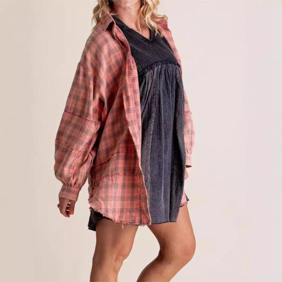 Chemise Femme Revers Manches Longues Poches à Rabat Hauts de Chemise Boutonnage Simple Bord Frangé Effet Vieilli Coupe Oversize Veste Chemise