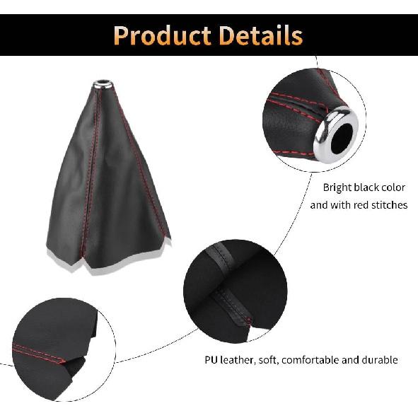Shifter Boot Universal, PU Leather Shift Boot Retainer Stick Shift Sleeve Gear Shifter Boot Gear Gaiter Cover Black Bright Red Stitch