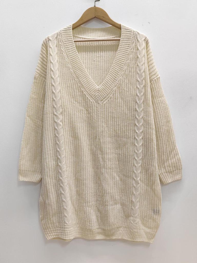 Europeisk og amerikansk dame plussstørrelse dyp V-hals ensfarget strikket ullkjole