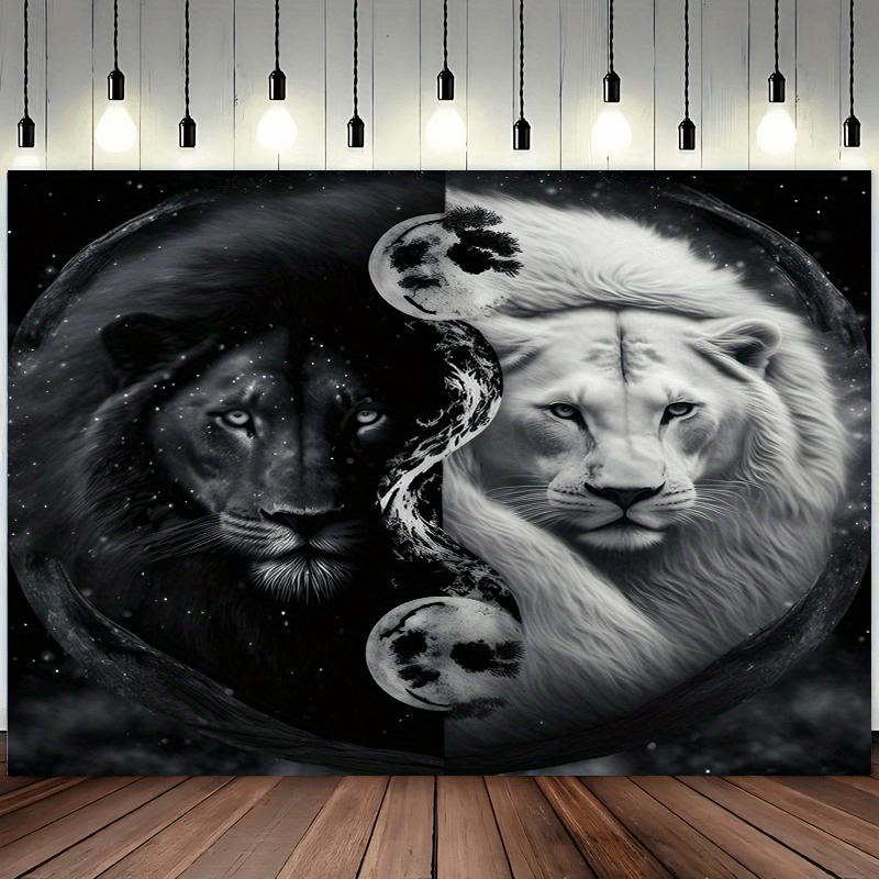 

Yin Yang Lion Tapestry Wall Hanging Black White Lion Design with Celestial Stars Moons Polyester Fiber Peach Light Beige 74x94cm(29x37in)