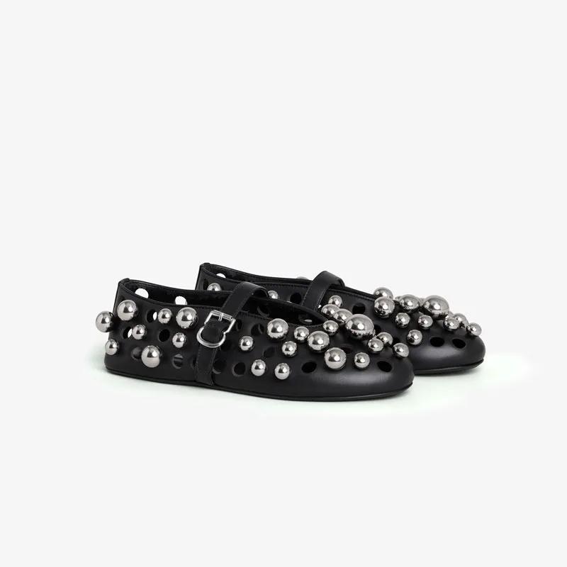 Fashion Luxury Black Pearl Round Head Buckle Ballet Sandals Summer Autumn Metal Hollow Commuting Casual Mary Jane Single Shoe Size 45