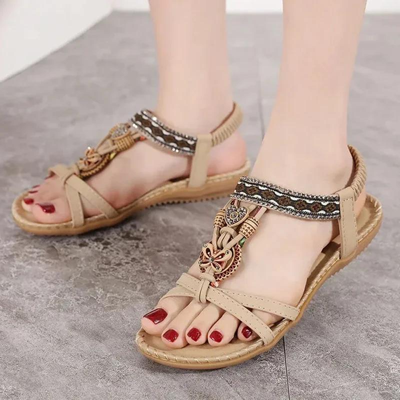 Fashion Floral Diamond Bohemian Sandals for Women Summer 2025 Crystal Beaded Flat Sandalias Mujer Lightweight Non Slip Beach Shoes Woman