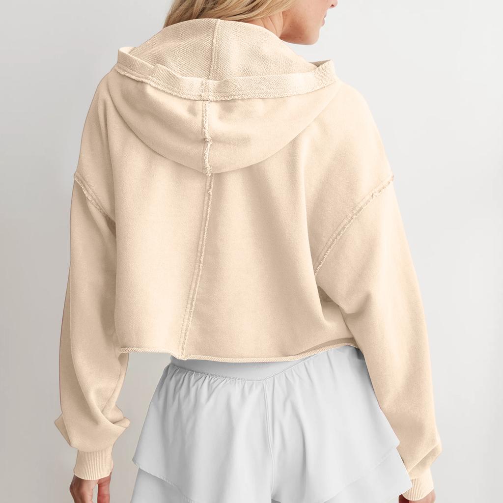 Women's Solid Color Loose Hooded Sweatshirt V-neck Top Pullover Long Sleeved Shirt