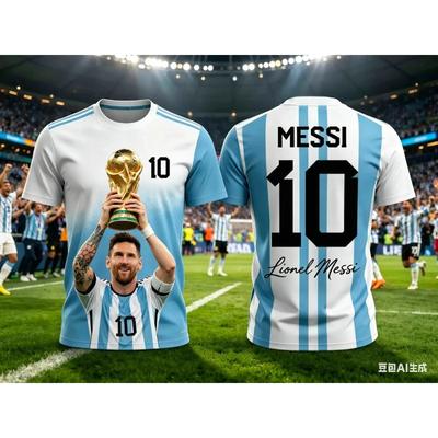 Estilo Messi Verano Impresión 3D Ropa Infantil Camiseta de Fútbol Holgada y Cómoda Adecuada para Deporte