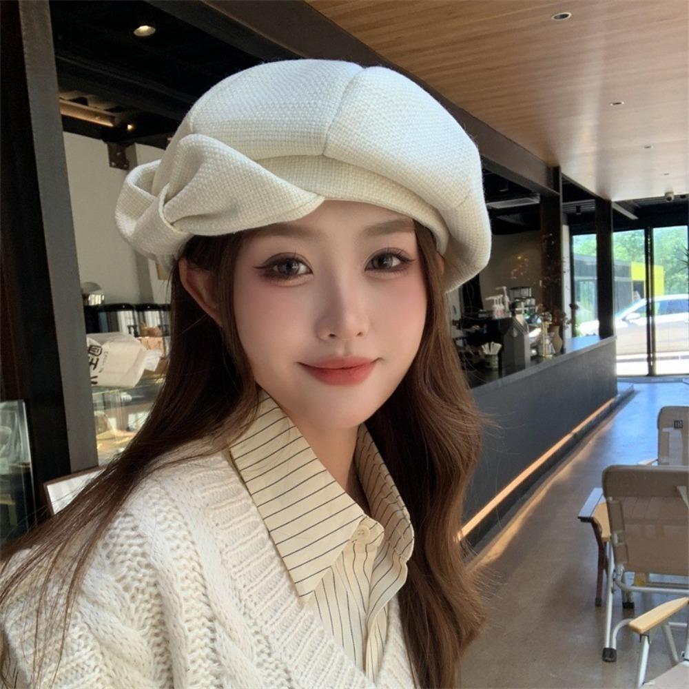 

Show Face Small Beanie Hat Bow Design Octagonal Hat Elegant Temperament Ladies Hat