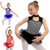 Kids Girls Ringmaster Jumpsuit: Rhinestone Stripe Sleeveless Cutout Bodysuit with Waist Mesh Ruffled Overlay for Stage