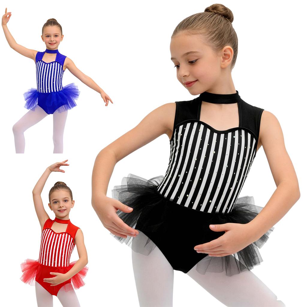 Kids Girls Ringmaster Jumpsuit: Rhinestone Stripe Sleeveless Cutout Bodysuit with Waist Mesh Ruffled Overlay for Stage