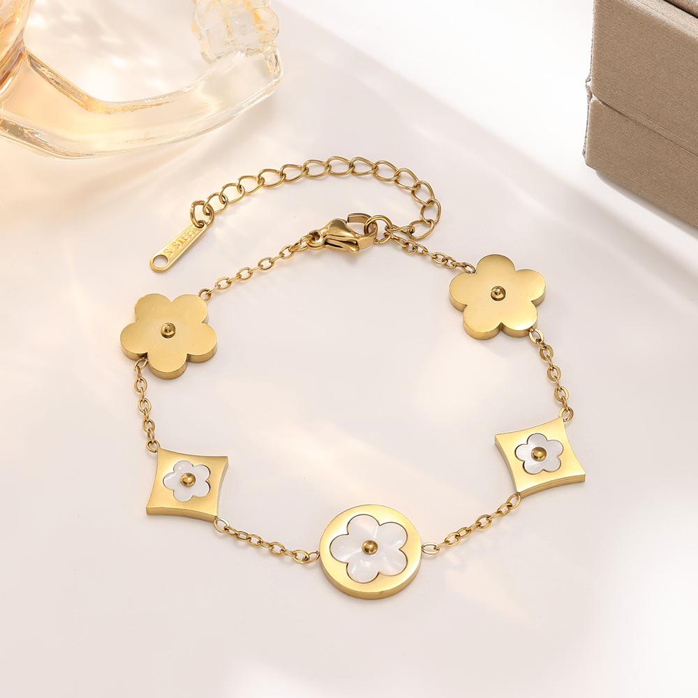 Trendy Titanium Steel Mother-of-Pearl Flower Bracelet, 18K Gold Plated Women's Summer Jewelry
