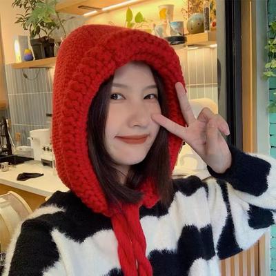 Neue rote Bombenkappe, koreanische Version der Herbst- und Winterweihnachtsmütze, verdickt, gestrickt, für Damen, Retro, niedlich, warme Mützen im Freien