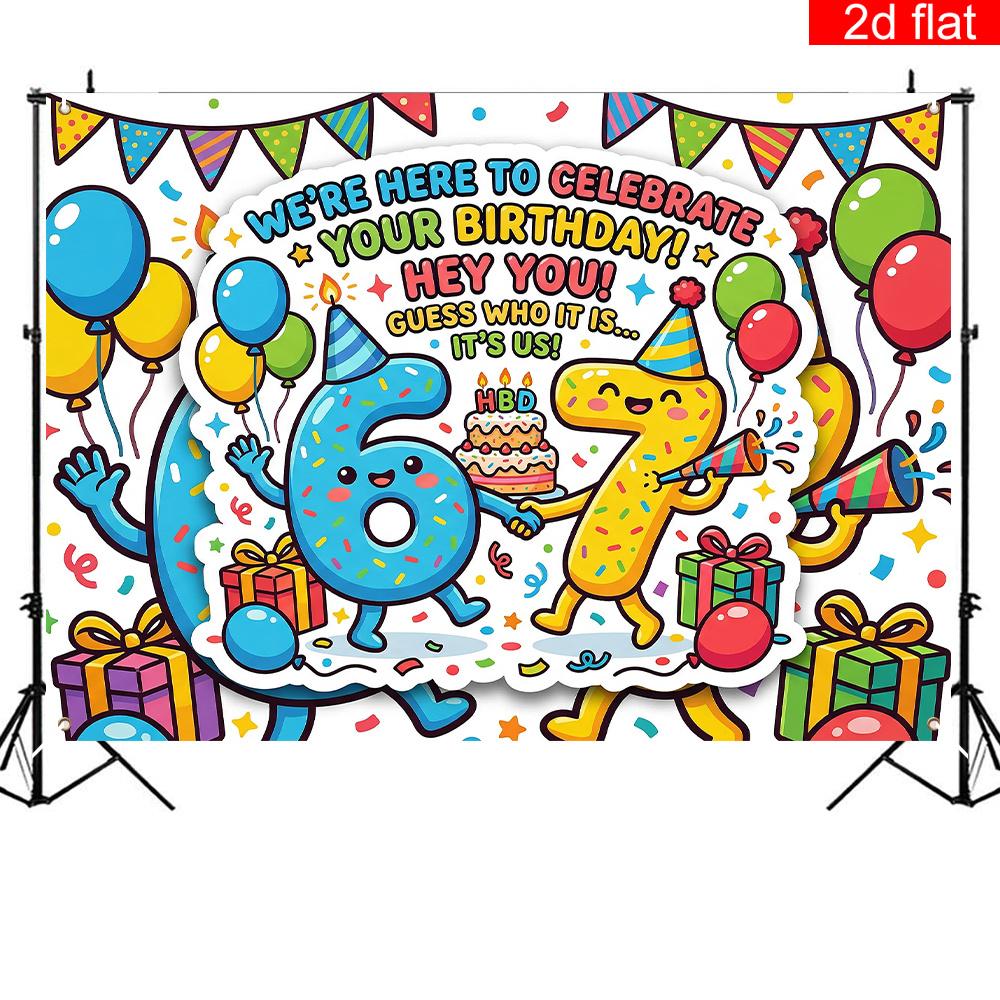 2D Flat Banner, 1 Piece, Cartoon Style 6/7th Birthday Theme Party Banner Background, Polyester, Birthday Cake