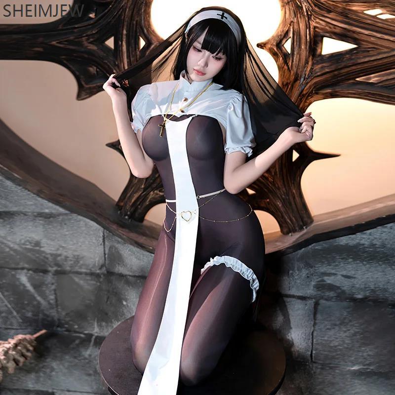 Kobiety Seksowna Zakonnica Cosplay Kostium Halloween Dorosły Przezroczysty Kombinezon Pokojówki Otwarty Krok Z Welonem Karnawał Impreza Klub Nocny Bar Garnitur