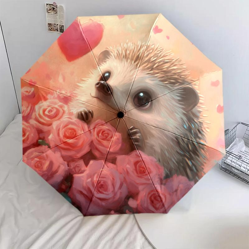 

Rose and Hedgehog pattern, automatic folding umbrella, portable and foldable design, 8 ribs, a Christmas or birthday gift.