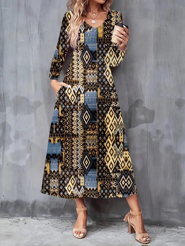 2025 Autumn and Winter New Women Casual Fashion Dress 3D Retro Pattern Print  Long Sleeve V-Neck A-Line Dresses