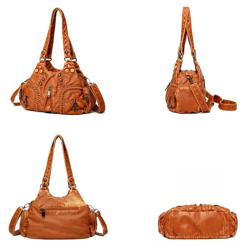 Women All Season Fashion Washed PU Leather Women's Shoulder Bag Fashion Design Button Rivet Weave Crossbody Bag Vintage Handbag Female Travel Totes